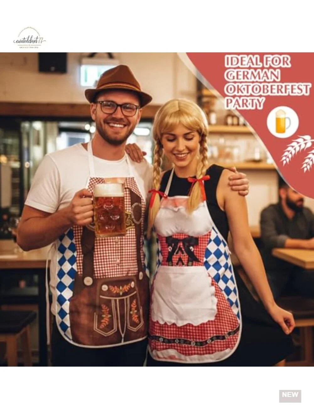 Oktoberfest Couple Aprons Hat Wig 4 Piece Set German Costume